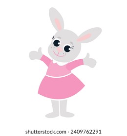 Easter bunny girl in a pink dress. Festive illustration of happy character in cartoon style isolated on white background.
