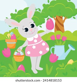 The Easter Bunny The girl stands among the green meadow. The bunny holds a basket with decorative eggs. Illustration in cartoon style.
