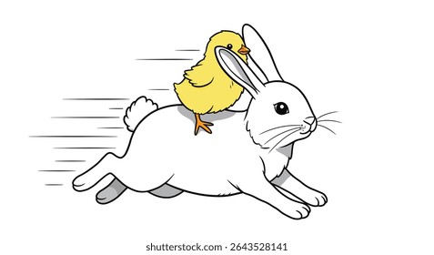 Easter Bunny Giving Tiny Chick Ride Outline Hopping Action Pose Cute Spring Character Line Drawing Art