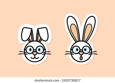 Easter Bunny with glasses on cartoon character, baby rabbit cute smiling and surprised face, two vector stickers