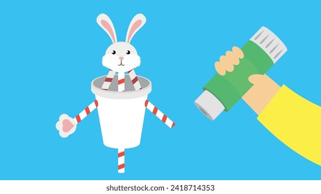 Easter bunny with glue and a cup with tubes. Vector illustration.