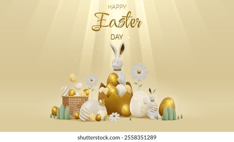 Easter bunny in golden eggs and ornaments Luxurious realistic 3D such as basket of eggs, flowers, grass with bokeh on the background of golden light.