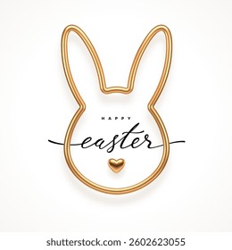 Easter bunny. Golden rabbit outline with lettering.   Design for easter greeting card or invitation. Vector illustration.