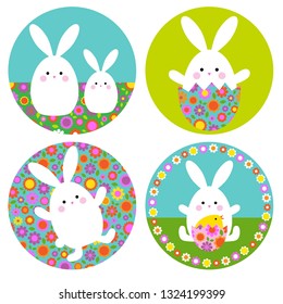 Easter Bunny Graphics With Floral Patterns On Circle Shapes