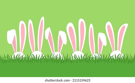 Easter bunny in grass backgrond, cartoon rabbits ears border. Easter eggs hunt. Cute holiday banner, greeting card. Spring illustration