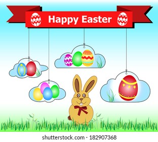 Easter bunny in grass with colorful eggs hanging from the banner