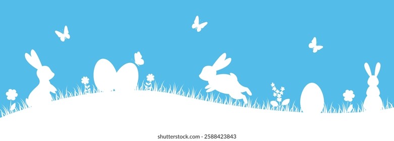 Easter bunny in grass. Easter eggs hunt. Cute holiday banner, greeting card. Vector illustration