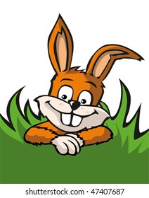 Easter bunny in grass, funny illustration