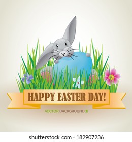 Easter bunny in the grass illustration with egg, ribbon and caption