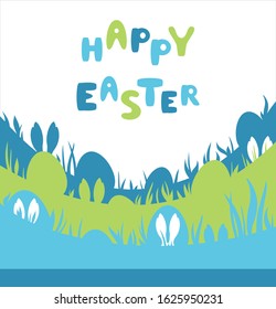 Easter Bunny in the grass. Meadow with hidden eggs. Vector.