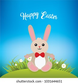 Easter Bunny in Green Field over Sky Blue Gradient Background