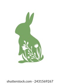 Easter bunny with green grass. Sitting hare, cute easter bunny, Isolated on white. Vector illustration of rabbit silhouette