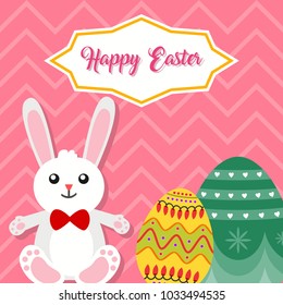 Easter bunny with green and yellow easter egg, pink typography, and pink zigzag background