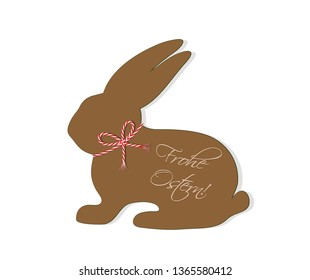 Easter bunny greeting card, Greeting „Happy Easter“ in German“Frohe Ostern“ 
Brown paper Bunny template with red cord string bow, 
Vector illustration isolated on white background