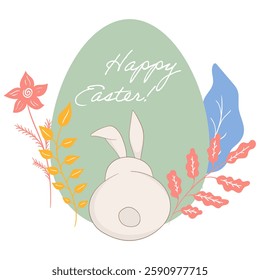 Easter bunny greeting card icon. Rabbit sitting in front of a large green egg with Happy Easter text, surrounded by colorful leaves and flowers. Festive spring holiday design
