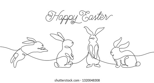 Easter bunny greeting card in simple one line style. Rabbit icon. Black and white minimal concept vector illustration.