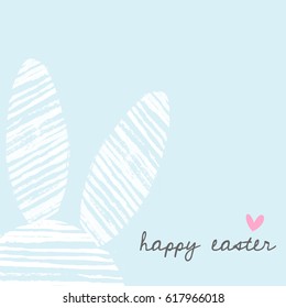 Easter bunny greeting card template with hand drawn white stripes bunny ears and text Happy Easter on pastel blue background.