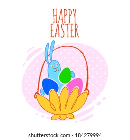 Easter bunny greeting card. Vector illustration. Ester eggs in basket.