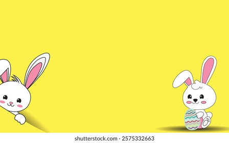 Easter Bunny Greetings, Whimsical Rabbits with Decorated Eggs on Cheerful Yellow Background, Perfect for Spring Celebrations