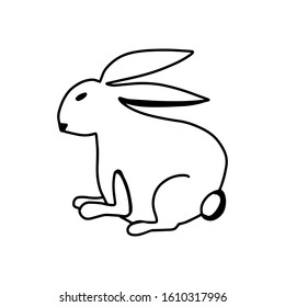 Easter bunny in hand drawn doodle style isolated on white background. Coloring book for adult, kids. Vector child illustration. Cute rabbit farm animal. Sign outline hare. Line art minimalist style.