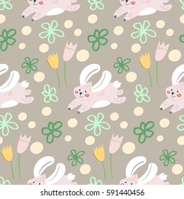  Easter bunny. Hand drawn vector cute pattern with rabbit and spring flowers on the dark background