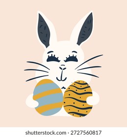 Handgezeichnete Vektorgrafik des Osterhasen. Whimsical Kaninchen mit Eiern. 