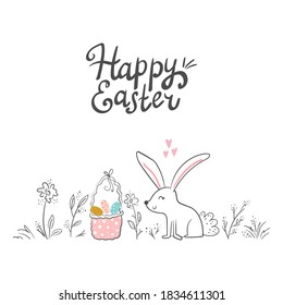 Easter bunny with a handwritten headline Happy Easter. Vector illustration. Hand drawn Vector card