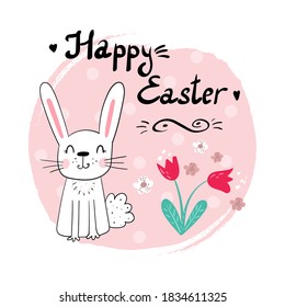 Conejo de Pascua con un titular escrito a mano Feliz Pascua. Ilustración vectorial. Tarjeta de vector dibujada a mano