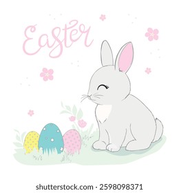 Easter bunny with a handwritten headline "Happy Easter". Vector illustration.