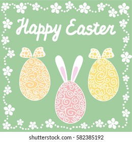 Easter bunny with a handwritten headline "Happy Easter". Vector illustration. Greeting card