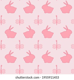  Easter Bunny. Happy easter day. Seamless pattern pink rabbits with butterflies on a light background. Vector cute kids ornament