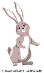 Easter bunny with happy emotions and blush on face vector spring character standing in still posture cheerful rabbit with long ears small smiling hare with thick furry coat isolated flat style