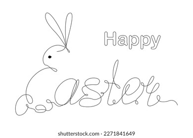 Easter bunny and Happy Easter lettering in one continuous line. One line contour drawing. Holiday