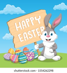 Easter bunny with Happy Easter sign with Easter eggs on background
