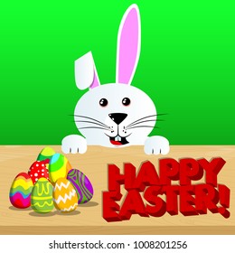 Easter bunny with Happy Easter text and colored eggs on a desk. Vector cartoon character illustration.