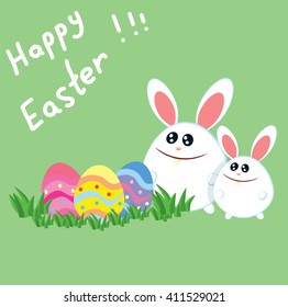 Easter bunny. Happy time. Easter card. Rabbits. White rabbits, colorful eggs, green grass.
Happy Easter. 