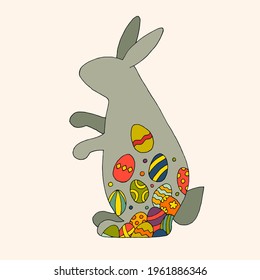 Easter bunny. Hare with patterns of colorful Easter eggs. Doodle. Vector. Hand-drawn illustration.