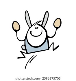 Easter bunny has found two eggs and is jumping for joy. Vector illustration of the winner of the traditional holiday hunt. A spring animal. Funny doodle cartoon isolated on white background.
