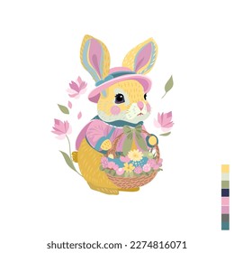Сute Easter bunny in a hat holding a basket of flowers.  Vector illustration. 