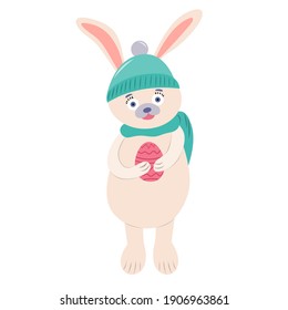 Easter bunny in a hat holding egg. Vector cartoon illustration on white background