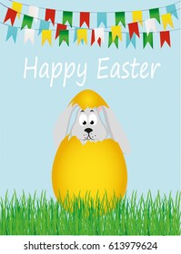 Easter bunny hatched from an egg. A rabbit is sitting in the grass. Garland of flags. Greeting card. Vector