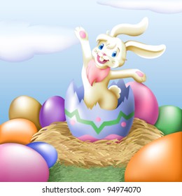 An Easter Bunny hatches from a decorated Easter Egg.