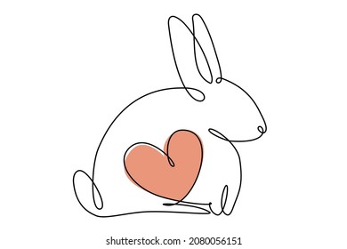 Easter bunny with heart continuous one line drawing. Rabbit simple image. Minimalist vector illustration.