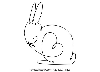 Easter Bunny With Heart Continuous One Line Drawing. Rabbit Simple Image. Minimalist Vector Illustration.