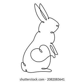 Easter Bunny With Heart Continuous One Line Drawing. Rabbit Simple Image. Minimalist Vector Illustration.