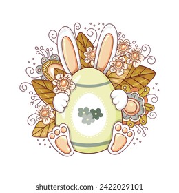 Easter bunny hid behind an egg of bright flowers and leaves, isolated on a white background. This Easter egg is decorated with hearts. Hand-drawn. Vector illustration.