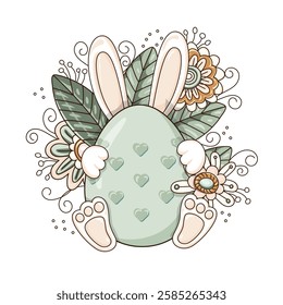 Easter bunny hid behind an egg a background of bright flowers and leaves, isolated on a white background. This Easter egg is decorated with hearts. Hand-drawn. Vector illustration.