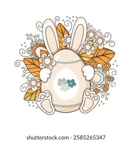 Easter bunny hid behind an egg a background of bright flowers and leaves, isolated on a white background. This Easter egg is decorated with hearts. Hand-drawn. Vector illustration.