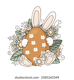 Easter bunny hid behind an egg a background of bright flowers and leaves, isolated on a white background. This Easter egg is decorated with hearts. Hand-drawn. Vector illustration.