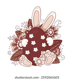Easter bunny hid behind an egg a background of bright flowers and leaves, isolated on a white background. This Easter egg is decorated with hearts. Hand-drawn. Vector illustration.